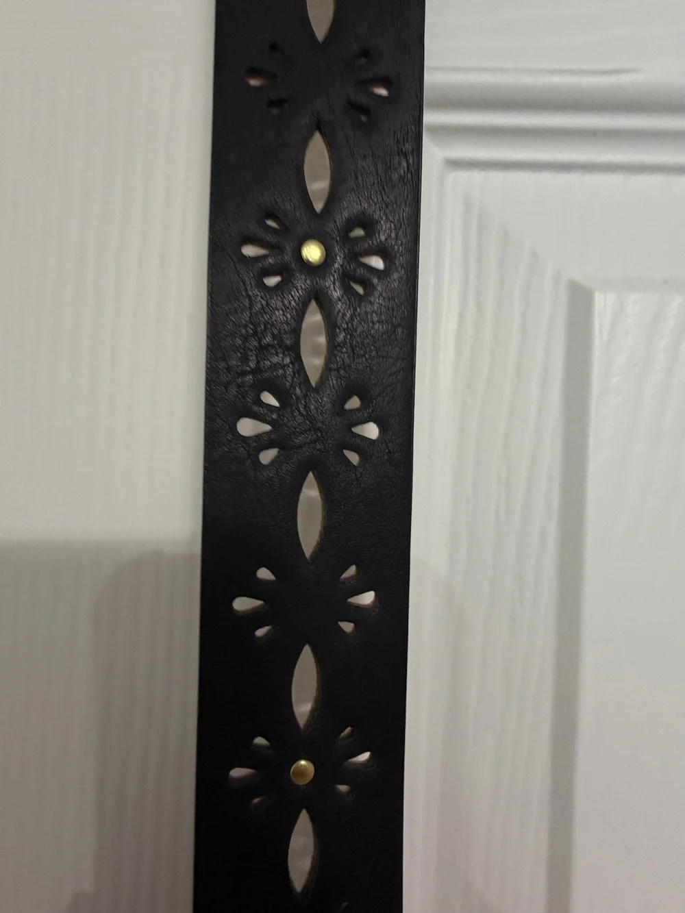 New Women's Black Laser-Cut Leather Belt with Gold Buckle